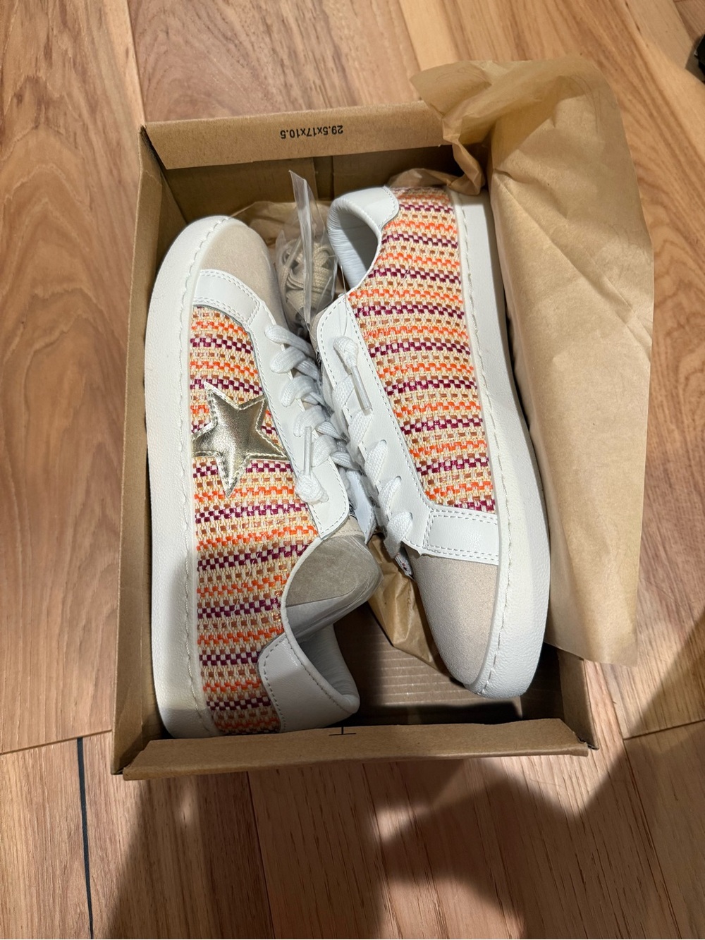 ShuShop White Sneakers with Multicolor Woven Panels and Gold Star